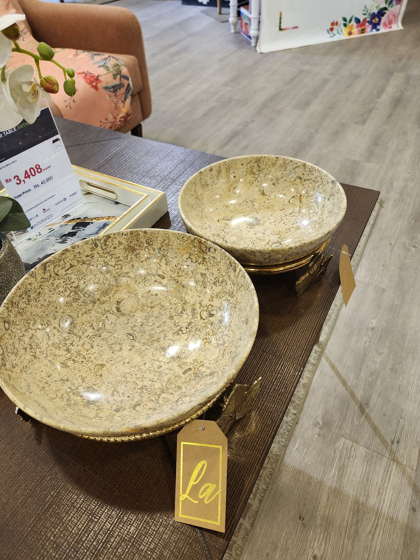 Marble Bowl Deep With Brass Stand - (30 Cm) - LA Home Store