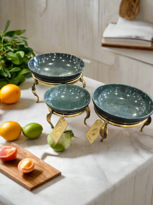 Marble Bowl Deep With Brass Stand - (30 Cm) - LA Home Store