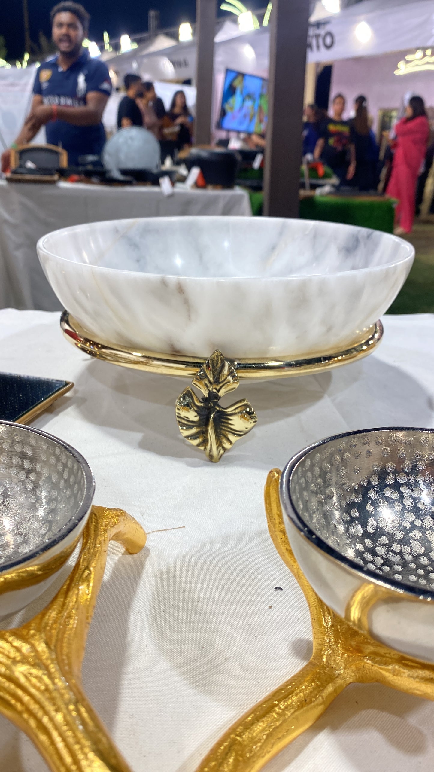 Marble Bowl Deep With Brass Stand - (25 Cm) - LA Home Store