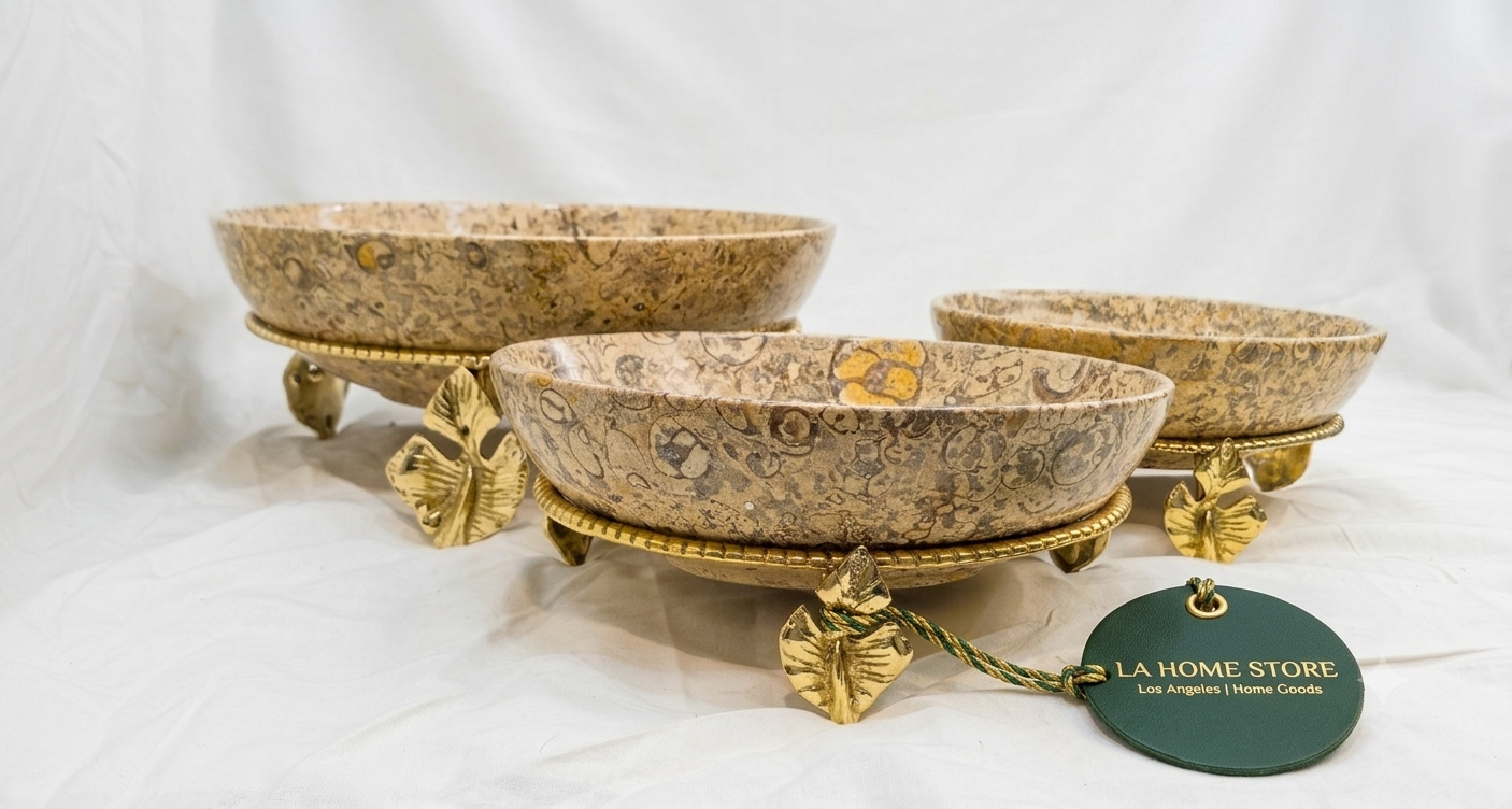 Marble Bowl Deep With Brass Stand - Medium